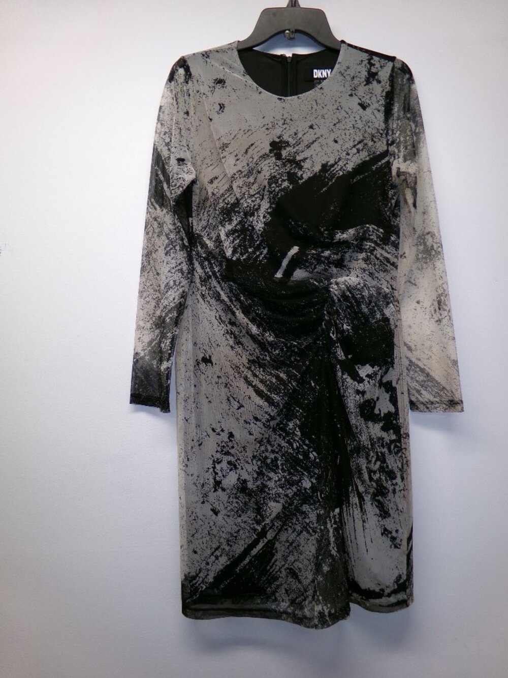 DKNY Printed Long Sleeve Mesh Ruched Knee Length Lined Dress Women's sz 12